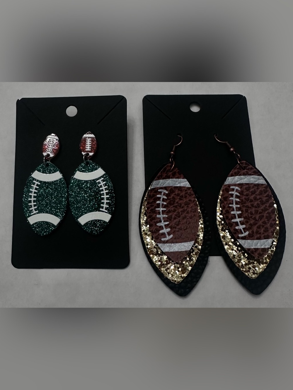 2 Pairs of Football Earrings 1 Glitter Green Post & 1 Pleather Multi Layer Hook